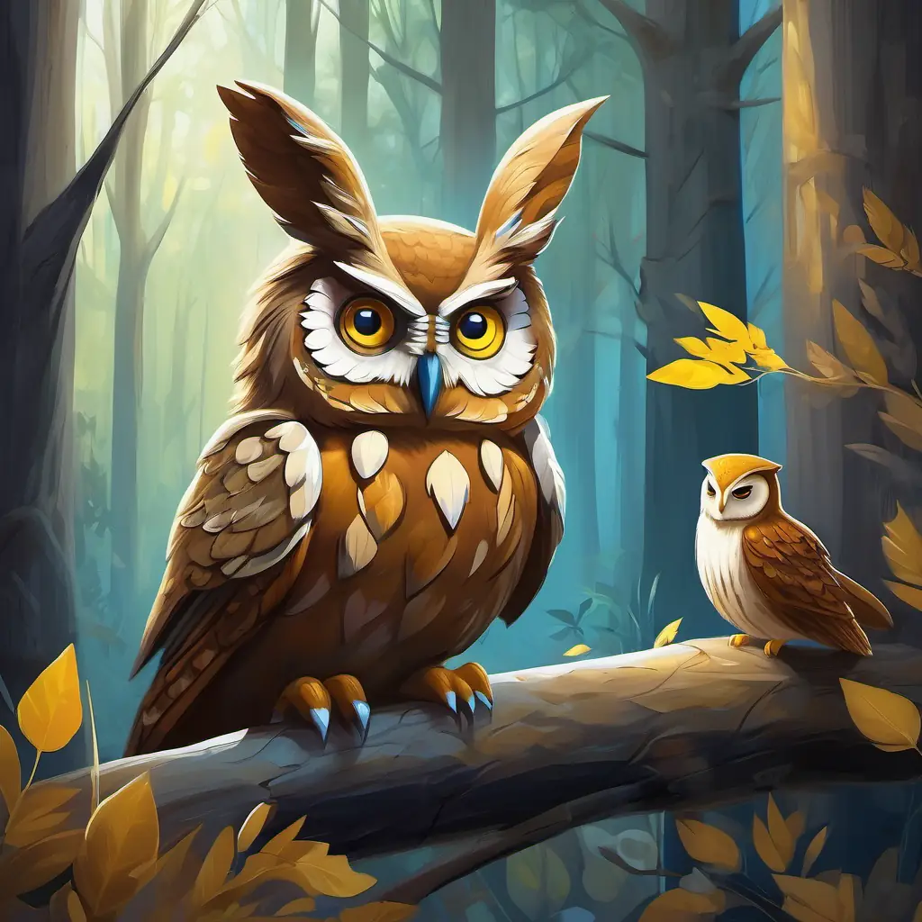 Brave little bunny, brown fur, blue eyes meets Wise old owl, gray feathers, yellow eyes the owl in the deep forest