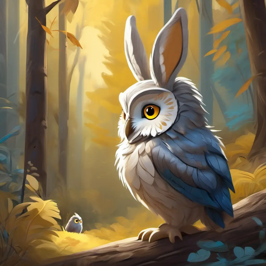 Brave little bunny, brown fur, blue eyes and Wise old owl, gray feathers, yellow eyes's adventure through the forest, meeting other animals