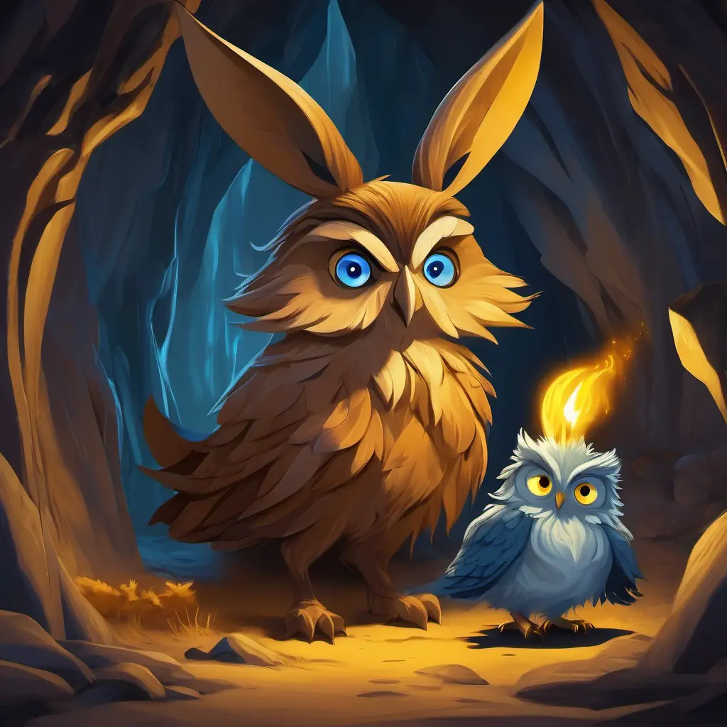 Brave little bunny, brown fur, blue eyes and Wise old owl, gray feathers, yellow eyes confront the wicked witch in the dark cave