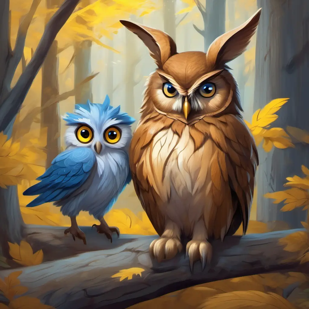 Brave little bunny, brown fur, blue eyes and Wise old owl, gray feathers, yellow eyes defeat the witch and save the forest