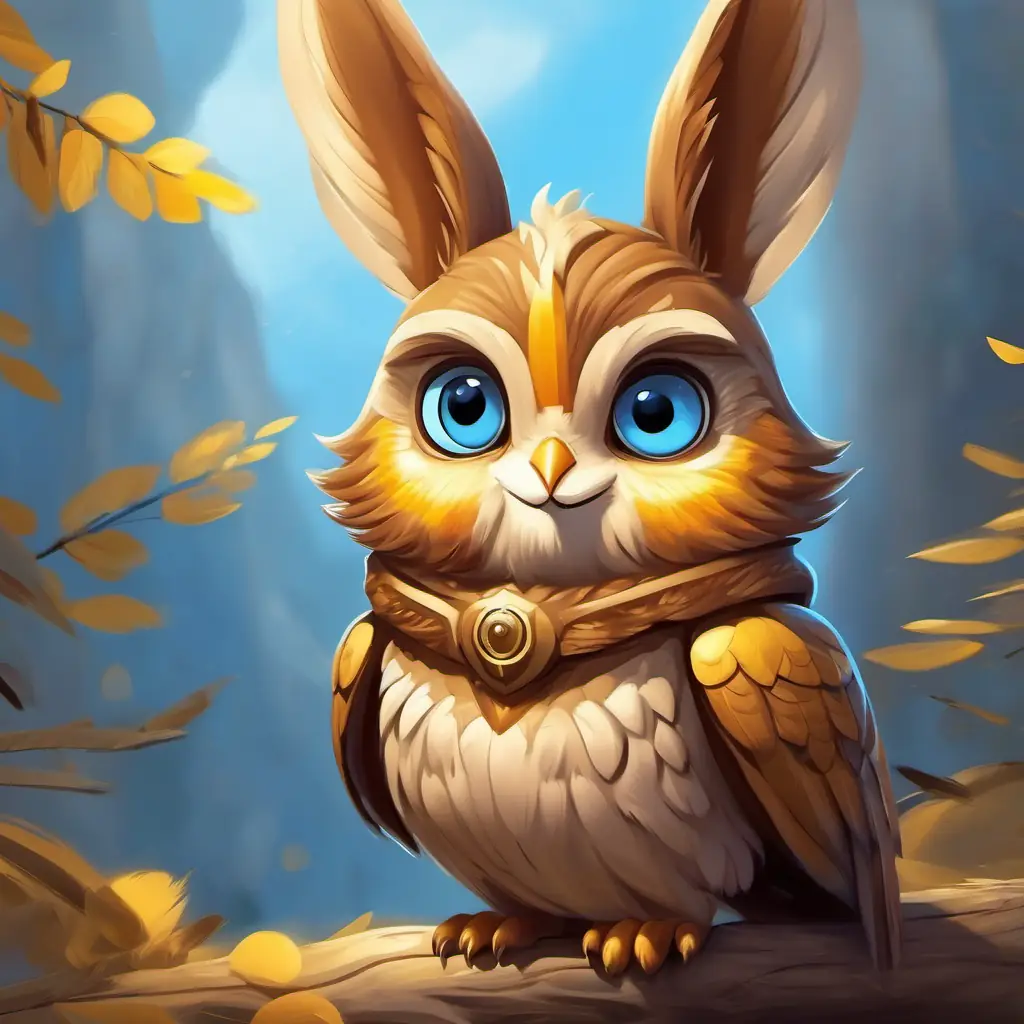 Brave little bunny, brown fur, blue eyes becomes a hero and continues to have adventures with Wise old owl, gray feathers, yellow eyes