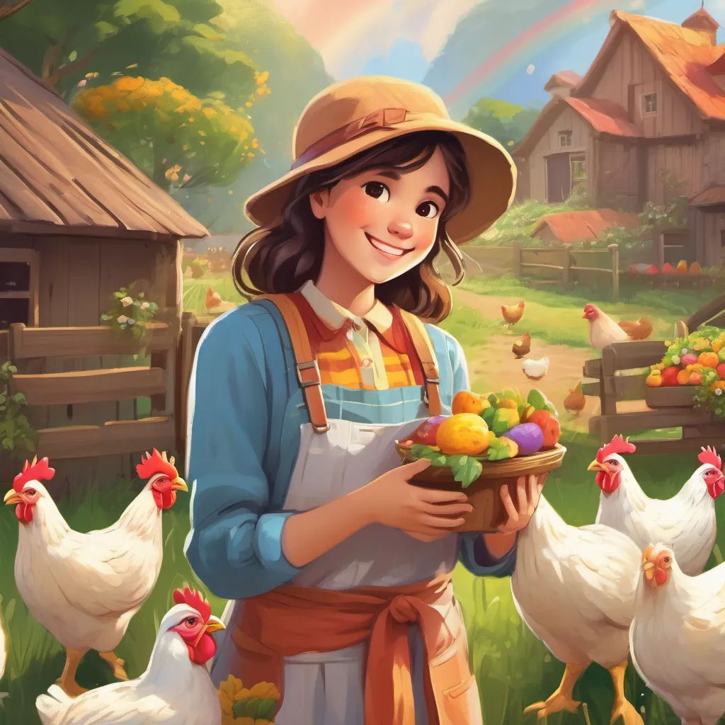 A bright-eyed girl named Bright-eyed girl with a cheerful smile, wearing farm clothes, caring for her chickens caring for her chickens on a sunny, whimsical farm with rainbows in the background.