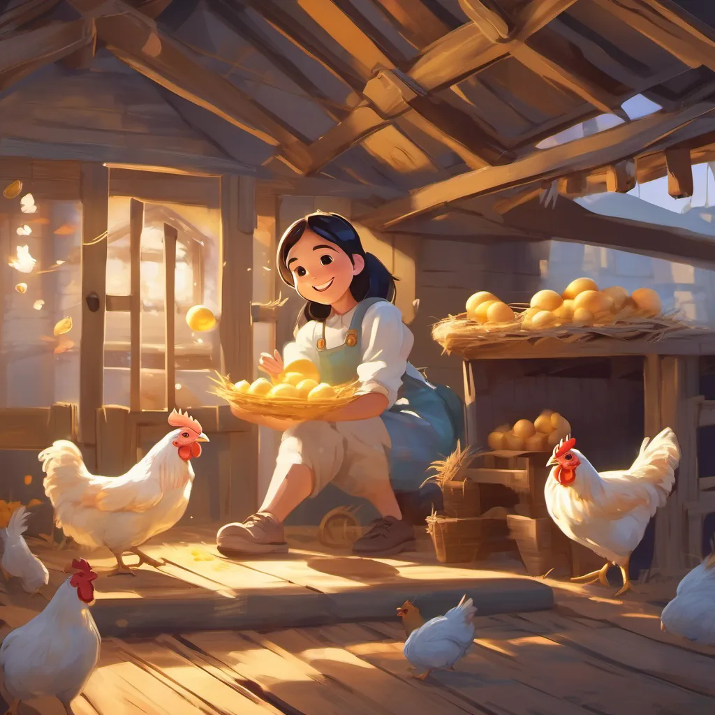 A special chicken with shimmering feathers who lays golden eggs in a chicken coop laying a shimmery, golden egg with Bright-eyed girl with a cheerful smile, wearing farm clothes, caring for her chickens looking astonished.