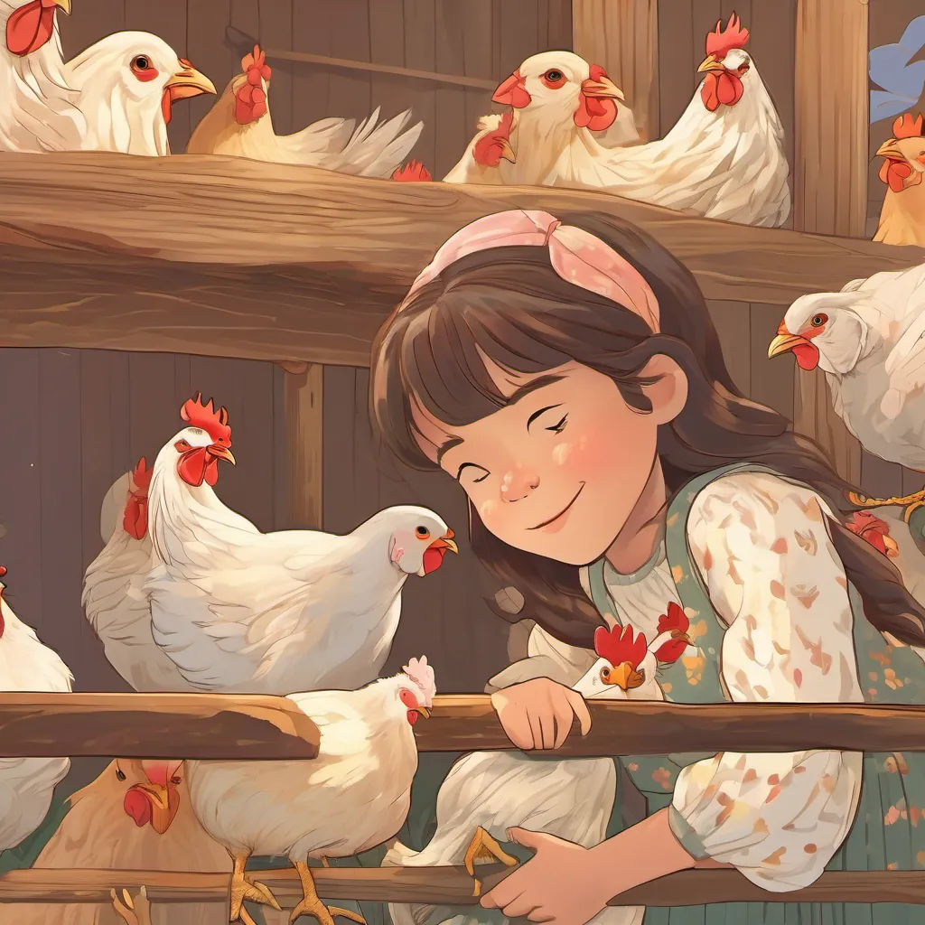 Lily's younger sister, with curious eyes, wearing a patterned dress, adventurous yet kind caring tenderly for other chickens in her coop, a thoughtful smile on her face.
