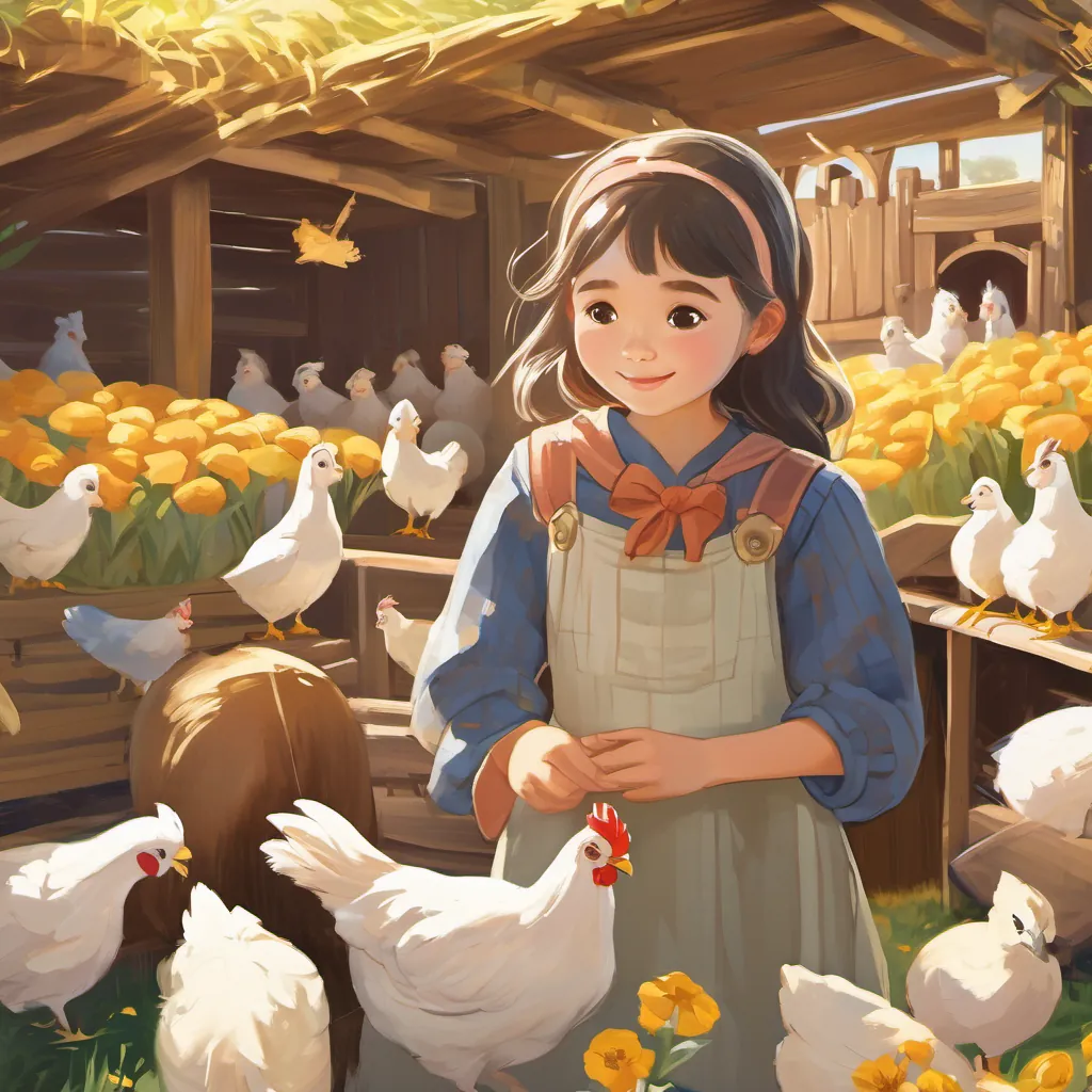 Lily's younger sister, with curious eyes, wearing a patterned dress, adventurous yet kind finding golden eggs in her coop, calling to Bright-eyed girl with a cheerful smile, wearing farm clothes, caring for her chickens with golden sunlight streaming down on them.