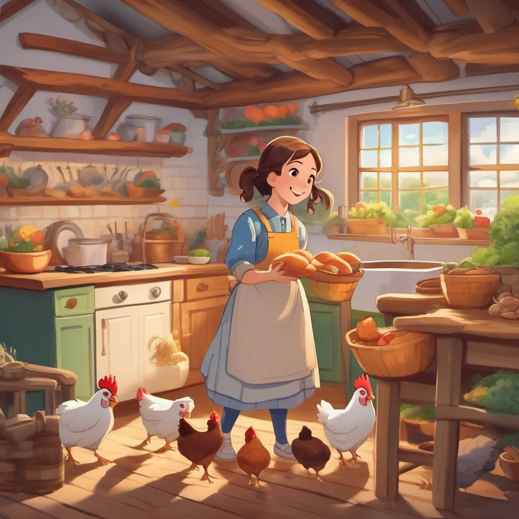 Bright-eyed girl with a cheerful smile, wearing farm clothes, caring for her chickens dancing with her mother in a quaint farmhouse kitchen with wide eyes full of excitement.