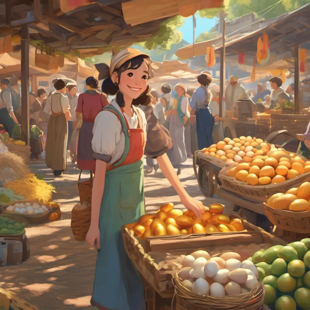 Bright-eyed girl with a cheerful smile, wearing farm clothes, caring for her chickens and her mother at a bustling market stall with people admiring and buying golden eggs.