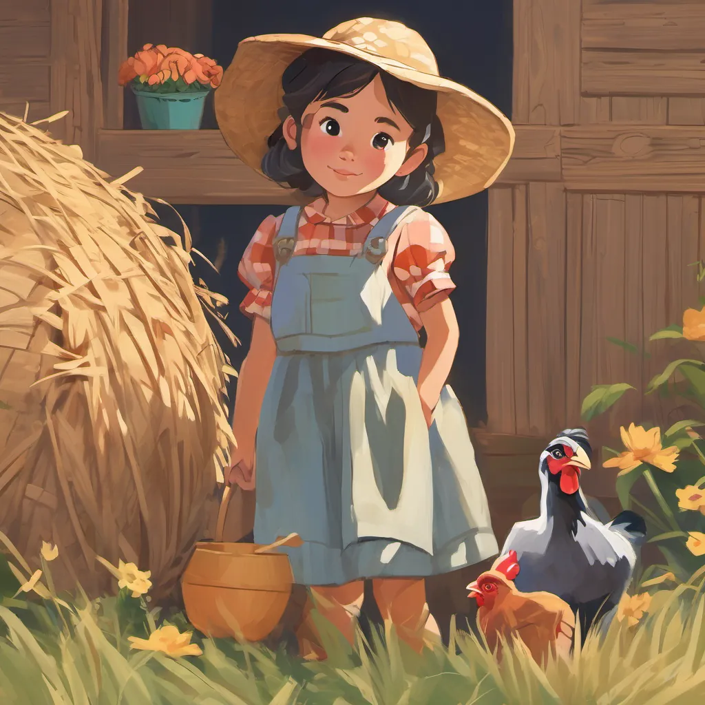 Lily's younger sister, with curious eyes, wearing a patterned dress, adventurous yet kind hiding behind a haystack with a determined look, watching Bright-eyed girl with a cheerful smile, wearing farm clothes, caring for her chickens and her mother.
