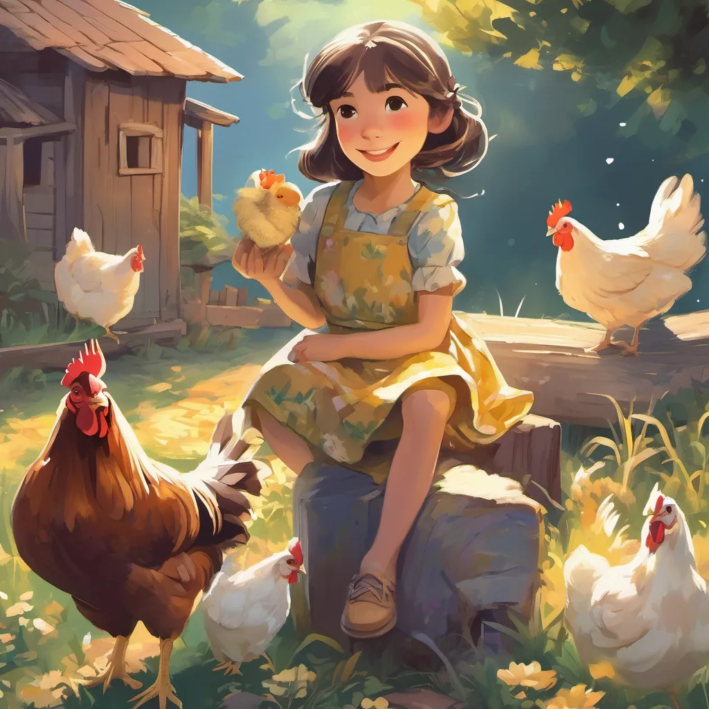 Bright-eyed girl with a cheerful smile, wearing farm clothes, caring for her chickens's younger sister, with curious eyes, wearing a patterned dress, adventurous yet kind sneaking into the henhouse at night, illuminated by the moonlight, with A special chicken with shimmering feathers who lays golden eggs clucking softly.