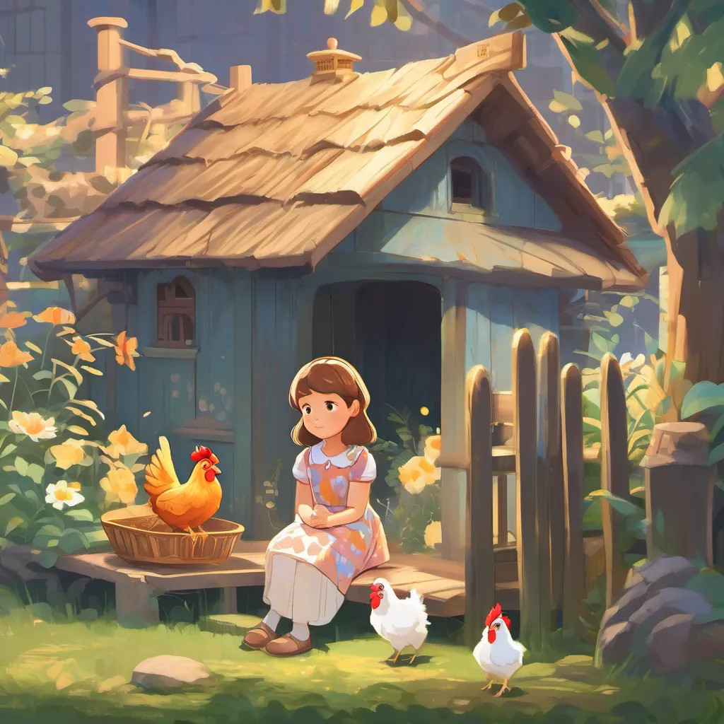 Lily's younger sister, with curious eyes, wearing a patterned dress, adventurous yet kind sitting by a tiny coop, looking puzzled and disappointed, as A special chicken with shimmering feathers who lays golden eggs clucked around.