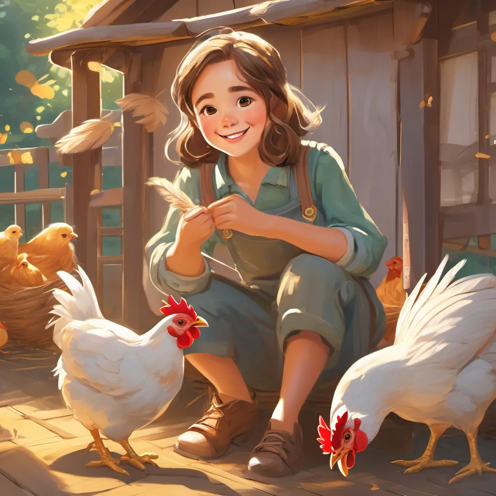 Bright-eyed girl with a cheerful smile, wearing farm clothes, caring for her chickens comforting A special chicken with shimmering feathers who lays golden eggs in the original cozy chicken coop with soft golden light surrounding them.