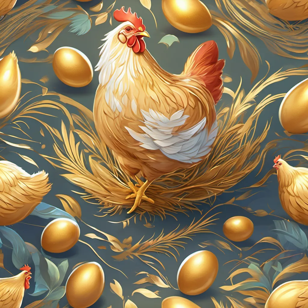 A special chicken with shimmering feathers who lays golden eggs laying another golden egg with Lilly cheering happily beside her.