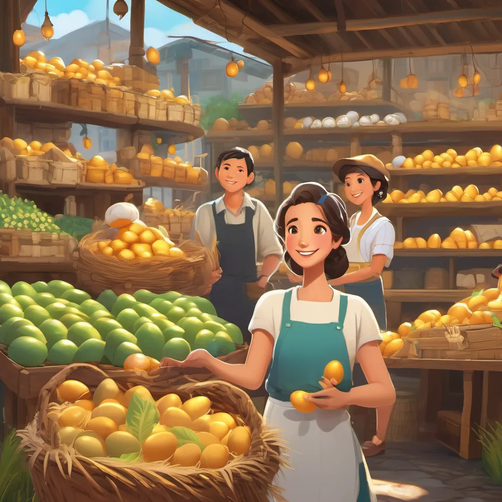 Busy market scene with satisfied customers and Bright-eyed girl with a cheerful smile, wearing farm clothes, caring for her chickens and her mother gleefully selling golden eggs.
