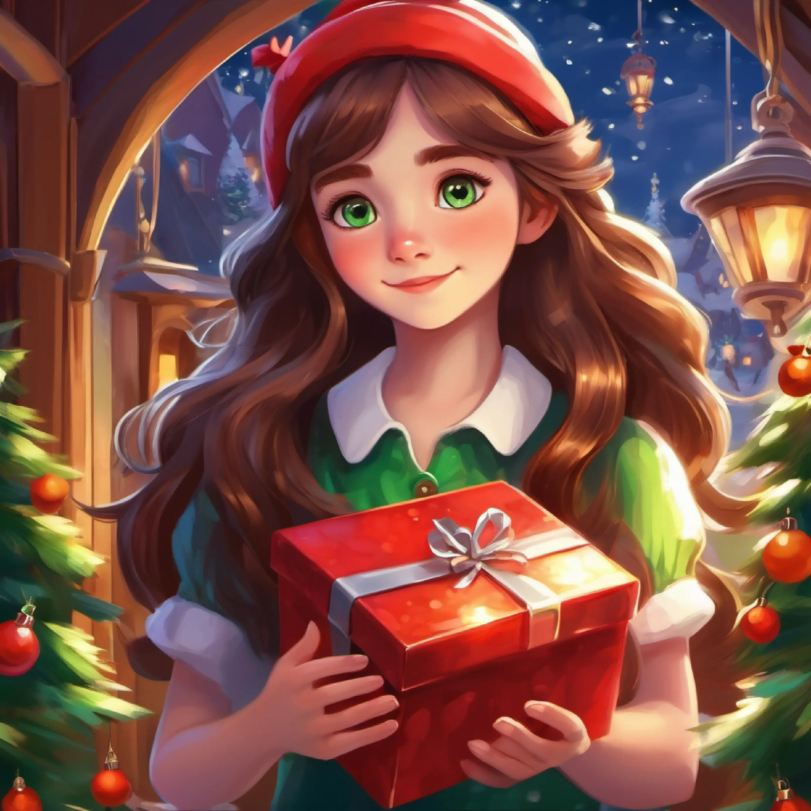 Introduction, Curious girl, long brown hair, green eyes finds a Shiny, silver box, glows when responding to kindness, Sunberry village setting