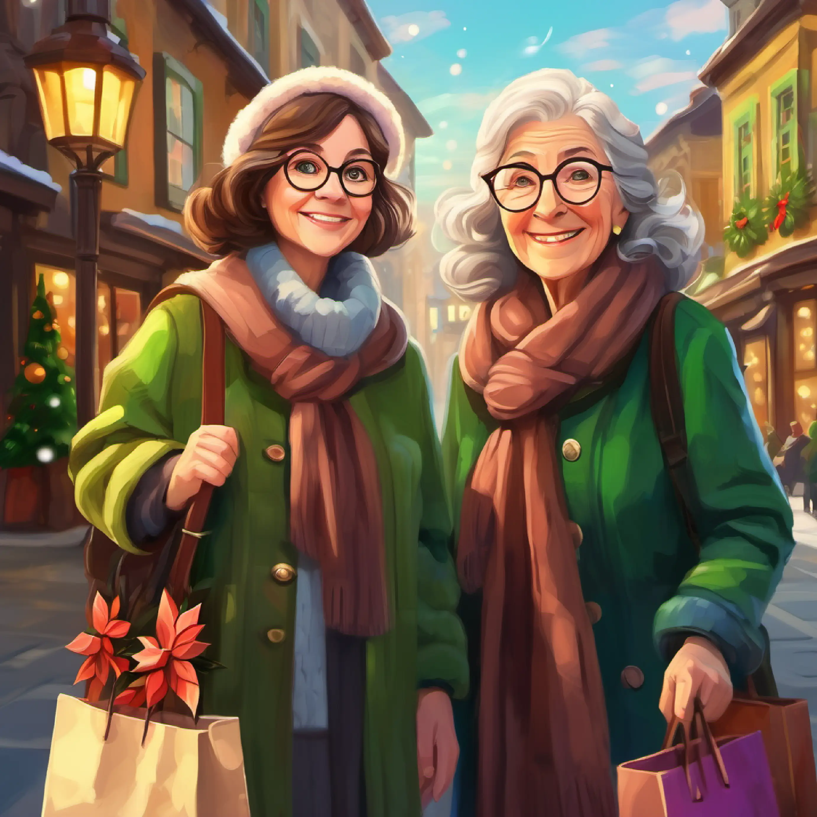 Curious girl, long brown hair, green eyes helps Elderly lady, glasses, always smiling with the bags, another kindness