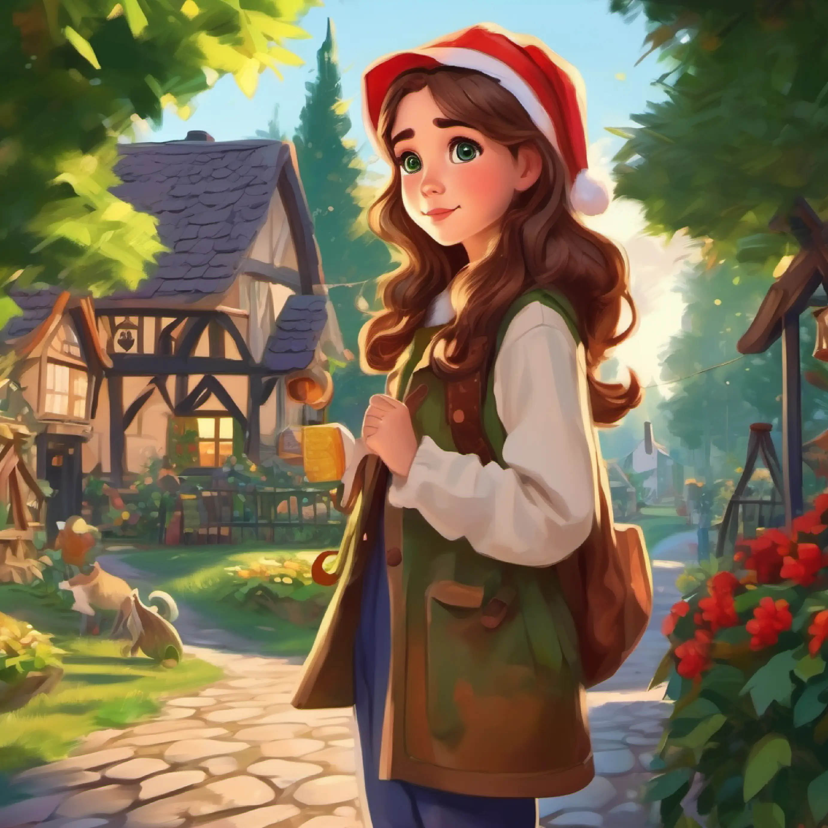 Curious girl, long brown hair, green eyes cleans the village park, showing care for environment