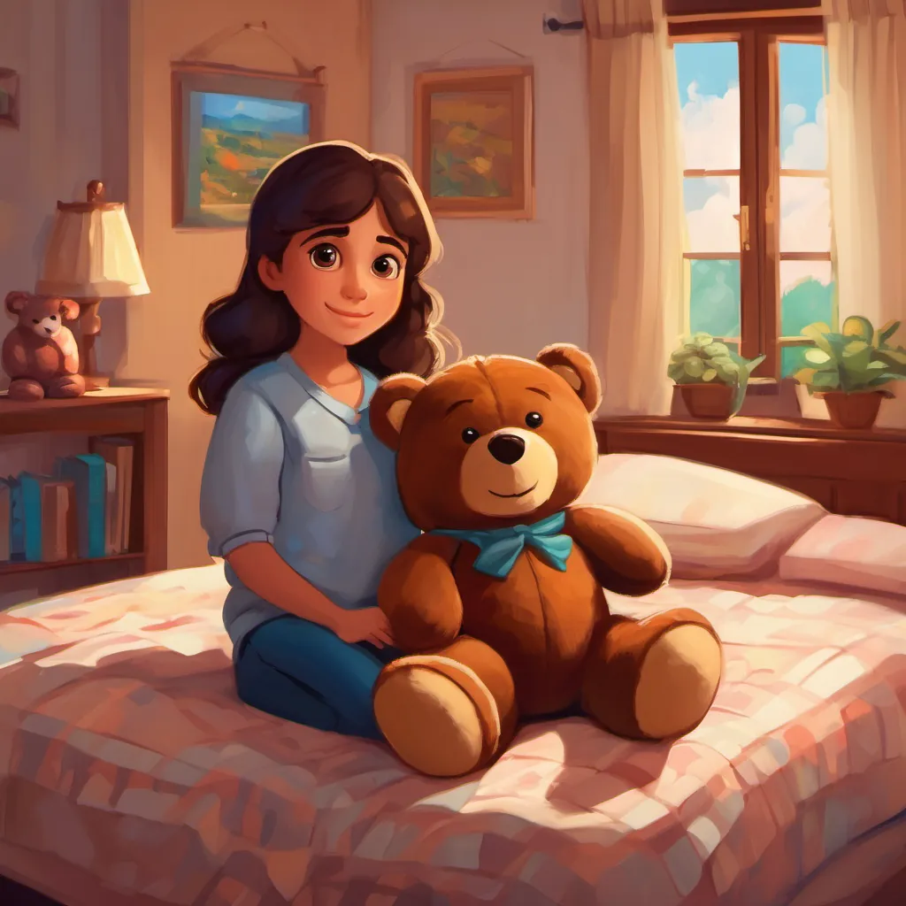 Pelo castaño, ojos marrones with her teddy bear, Oso de peluche marrón, ojos de botón, in the bedroom