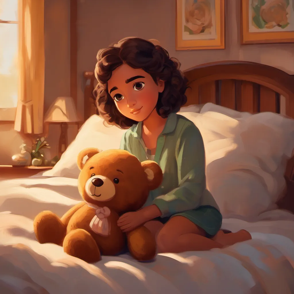 Pelo castaño, ojos marrones with her teddy bear, Oso de peluche marrón, ojos de botón, in the bedroom