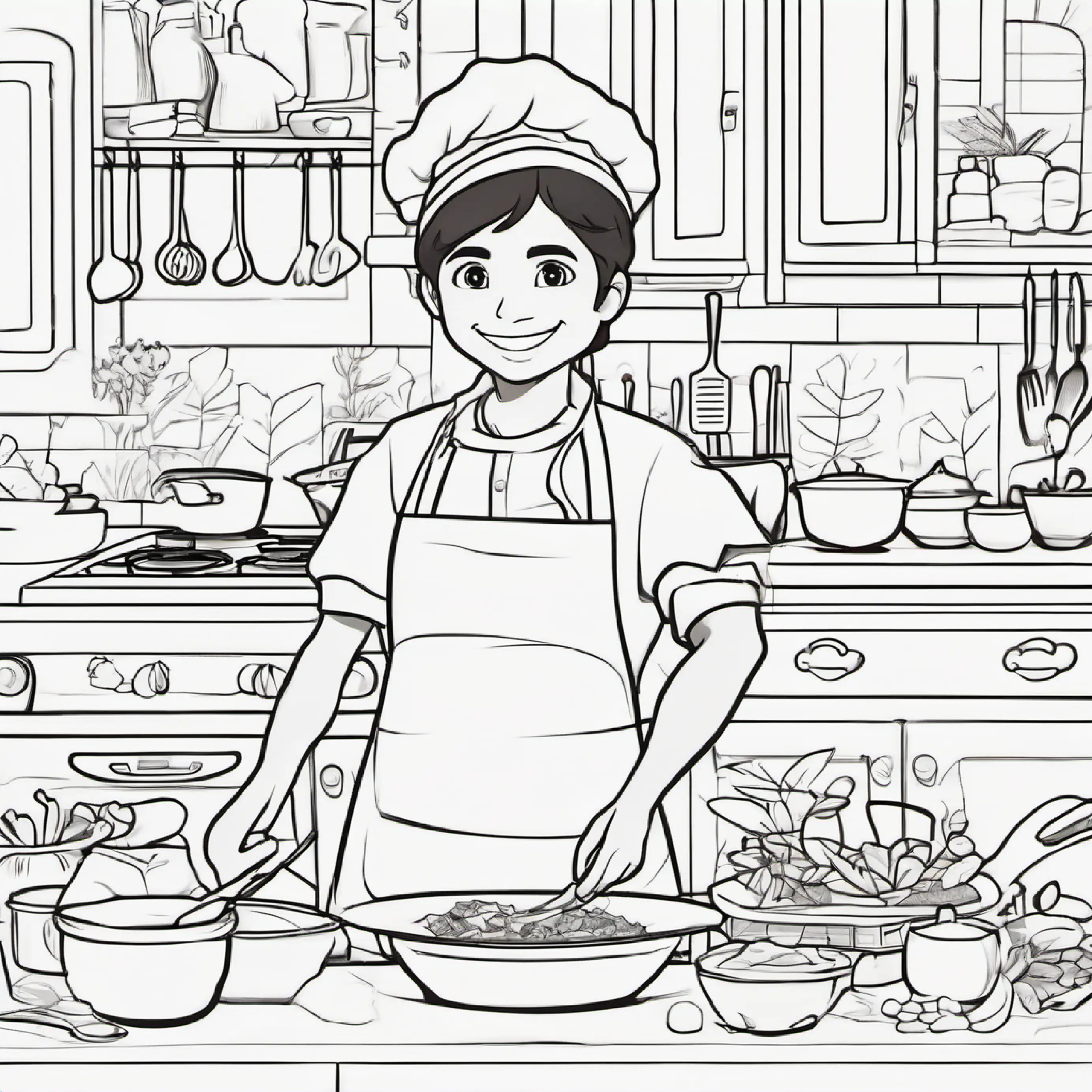 Tall, with olive skin and dark brown eyes, always smiling joins Shorter than Muhammad, light brown skin, bright hazel eyes in the kitchen, ready to learn cooking.