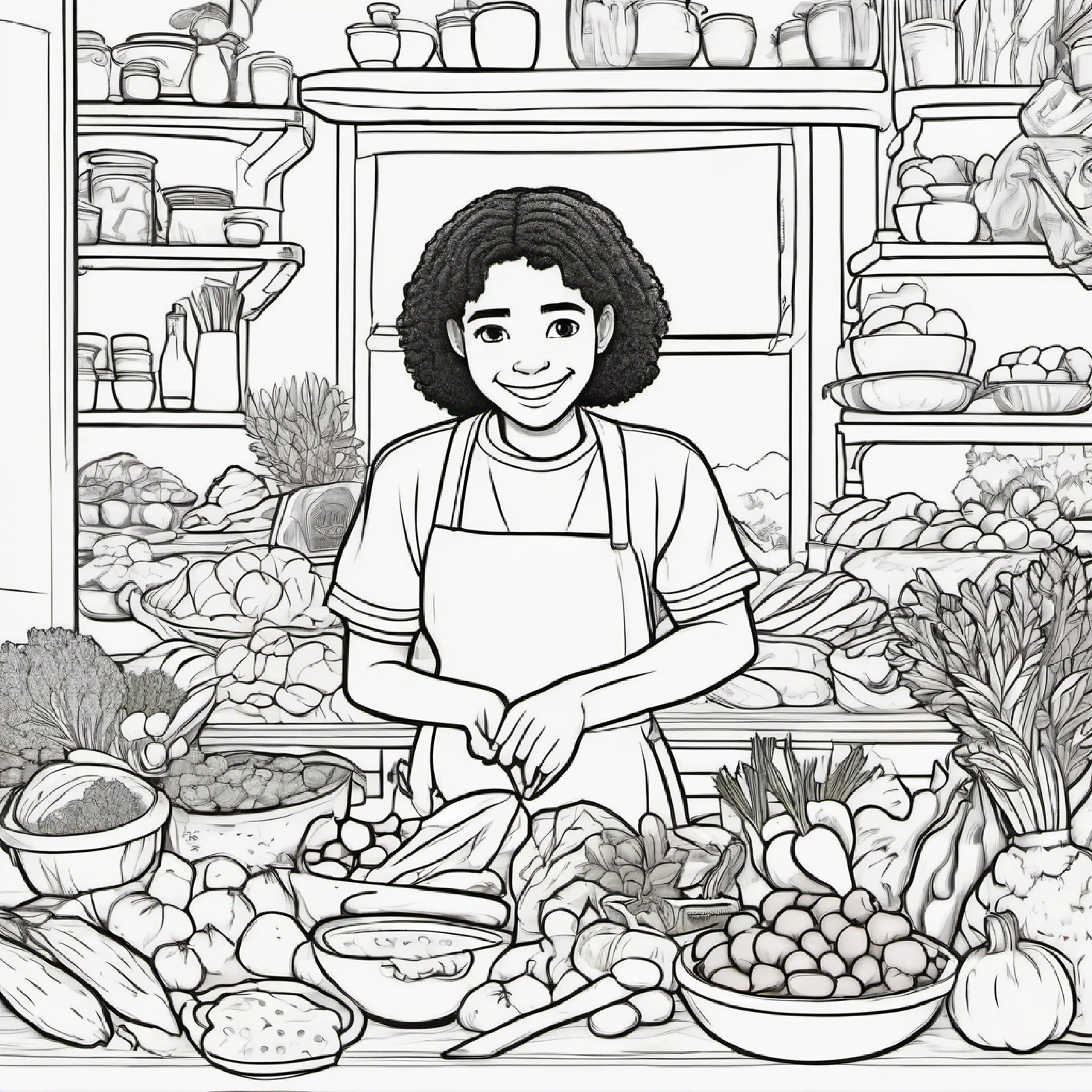 Shorter than Muhammad, light brown skin, bright hazel eyes reads recipe; Tall, with olive skin and dark brown eyes, always smiling focuses on chopping vegetables.