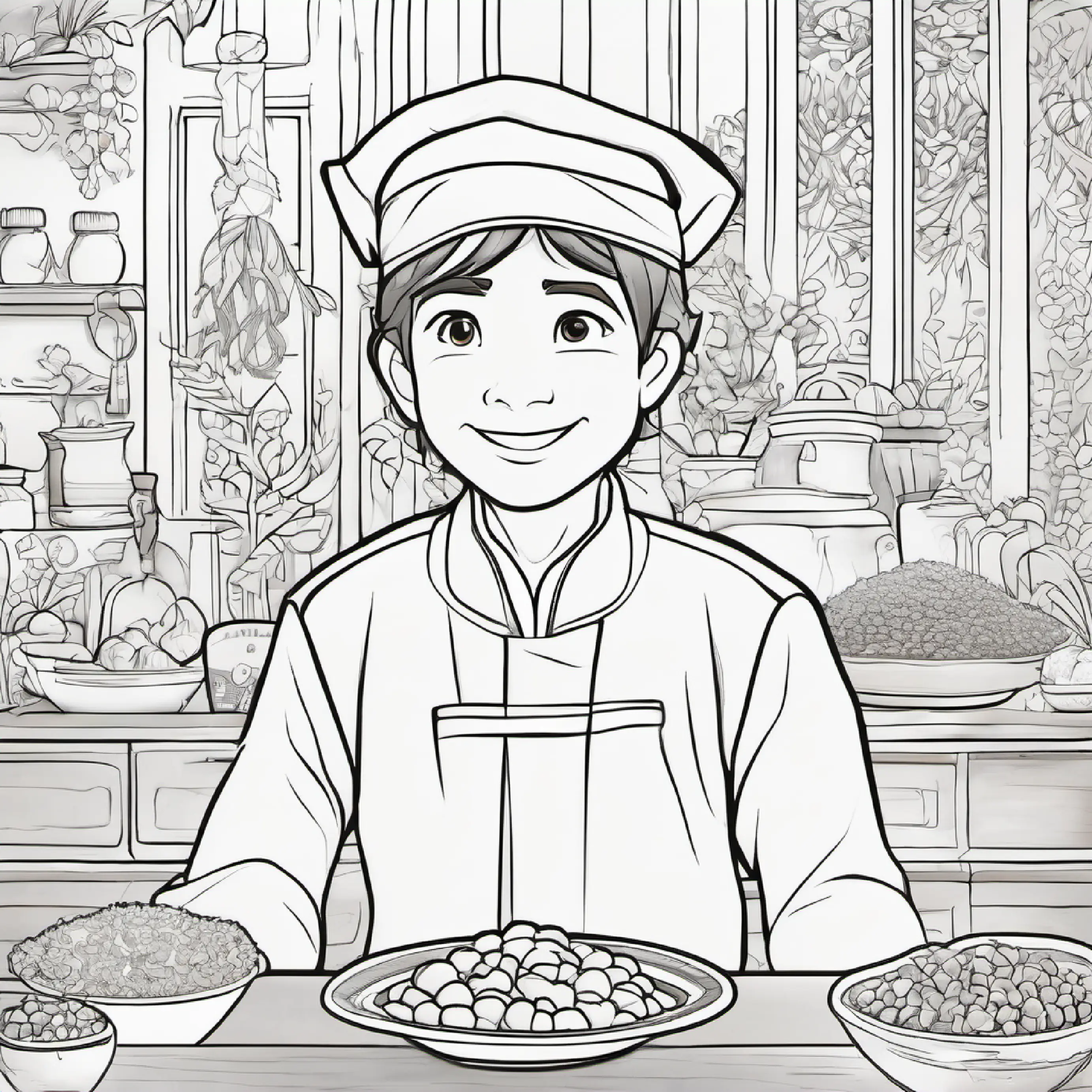 Tall, with olive skin and dark brown eyes, always smiling learns about seasoning and flavor balancing from Shorter than Muhammad, light brown skin, bright hazel eyes.