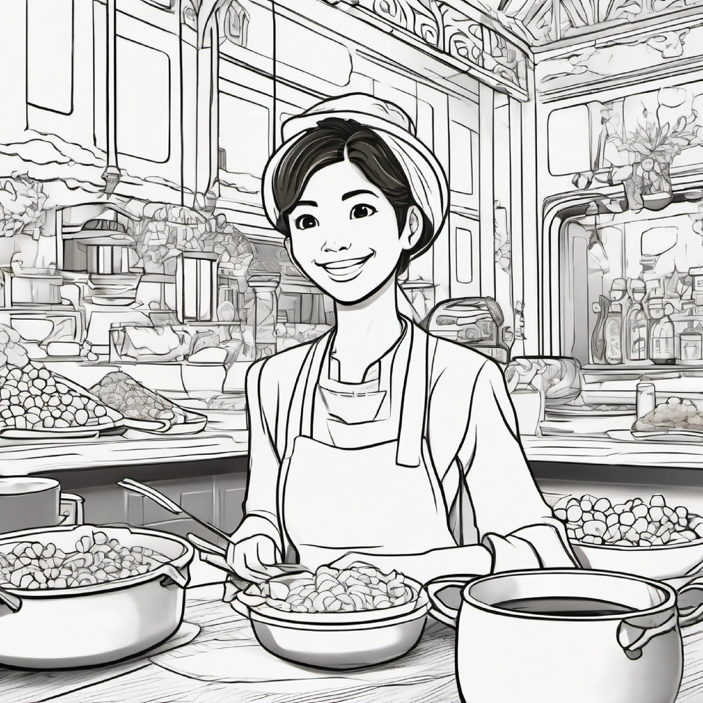 Tall, with olive skin and dark brown eyes, always smiling adds soy sauce, observing the caramelization process.
