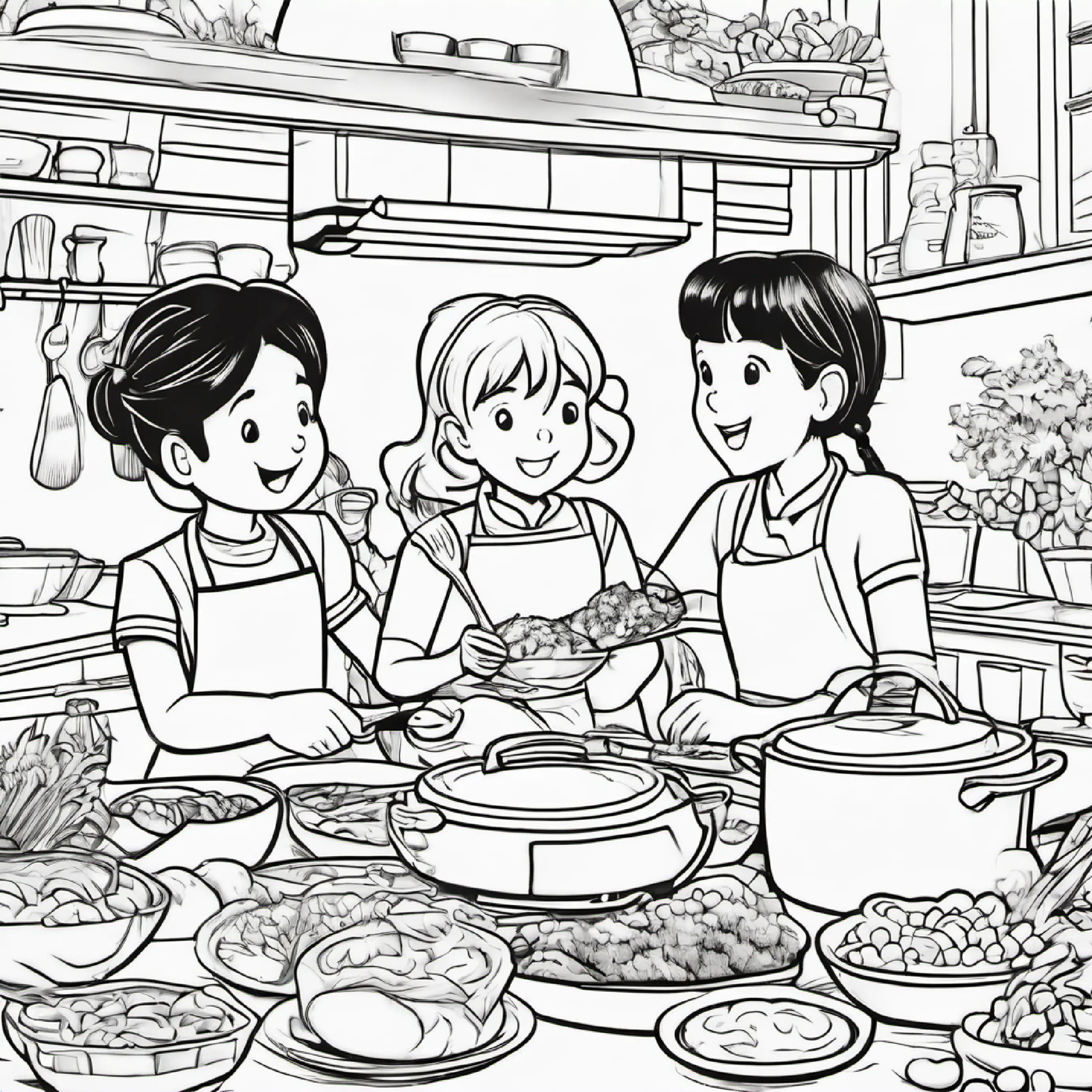 The family eats together, praising the children's cooking skills.