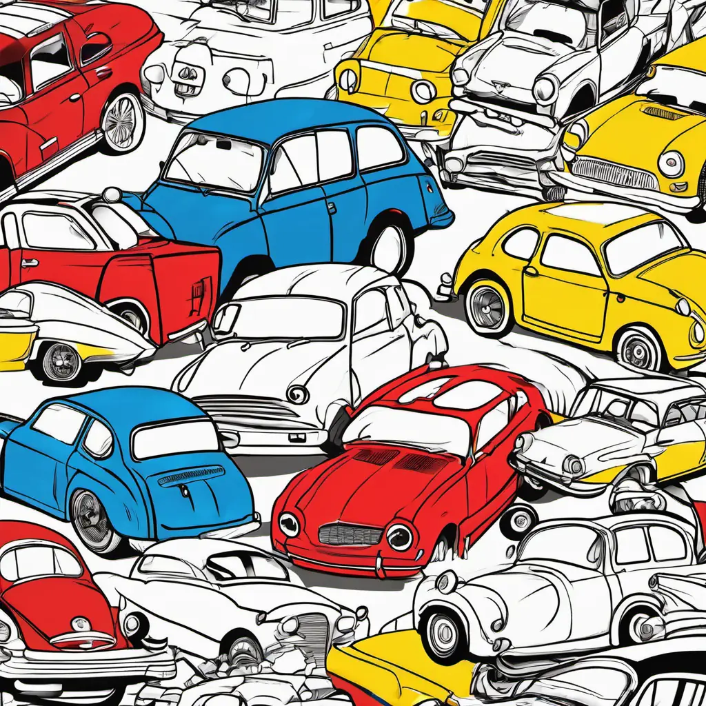 Carros de diferentes cores, incluindo azul, vermelho e amarelo, todos animados para chegar ao fundo branco.