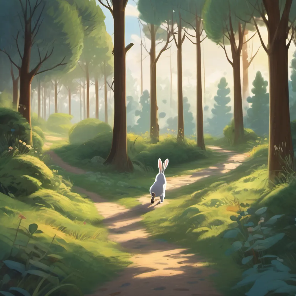 A dark afternoon in a forest with a happy rabbit trotting along a lonely path