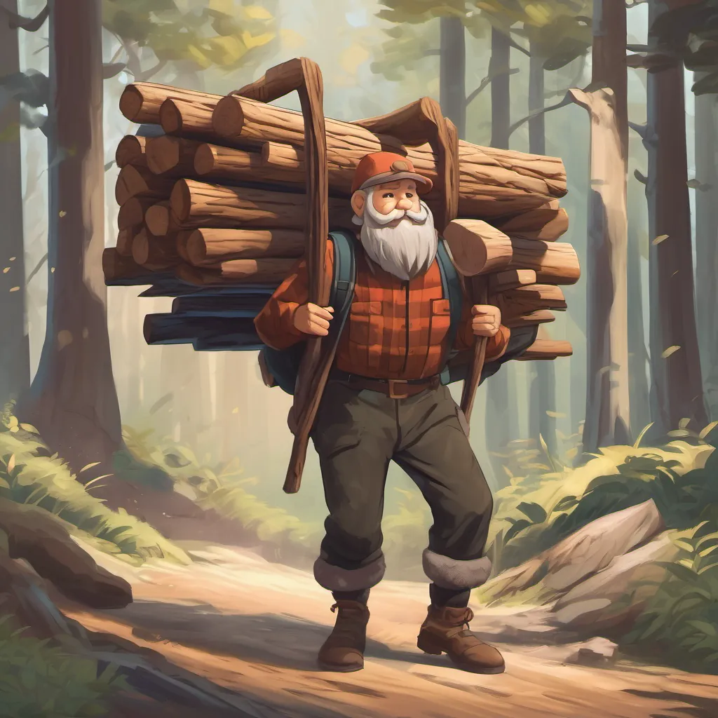 An old lumberjack carrying a heavy bundle of wood on his back in a forest
