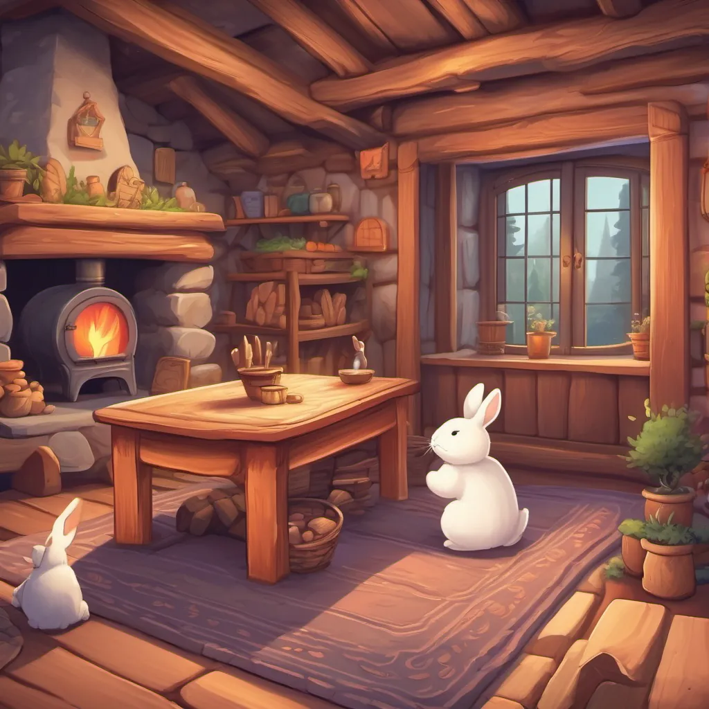 A cozy small house interior with a rabbit sleeping by the fireplace and an old lumberjack in the background