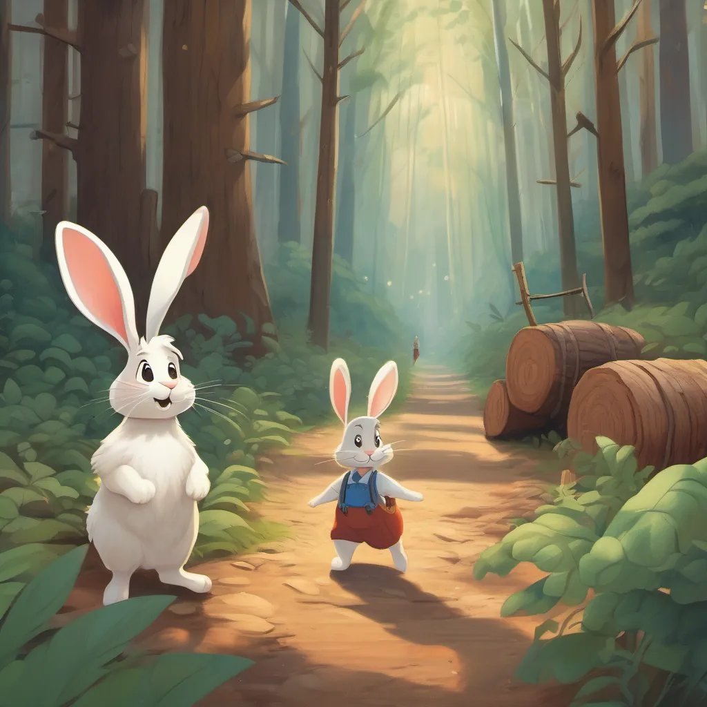 A happy rabbit following an old lumberjack in a forest, feeling no longer lonely