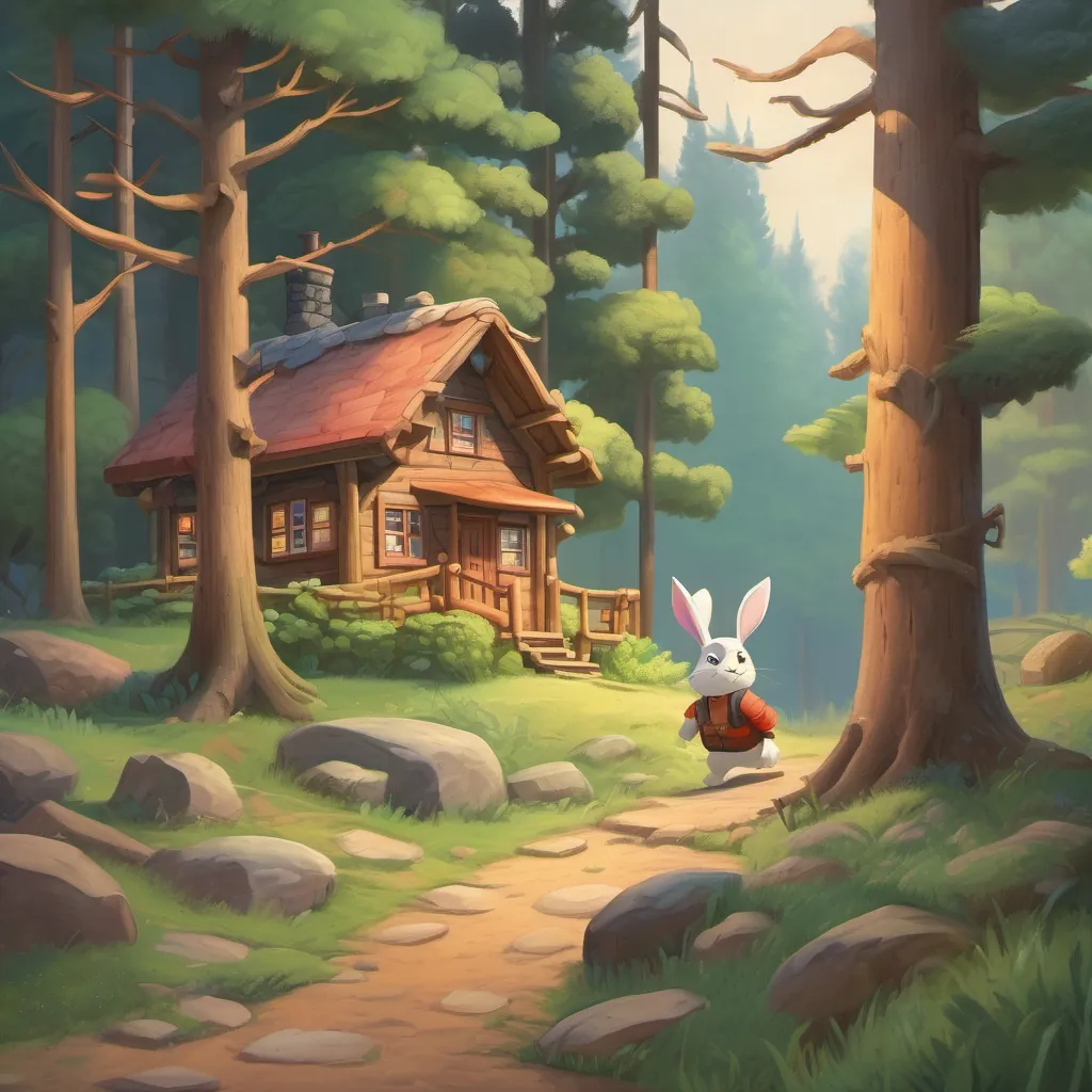 A small, almost hidden house in the woods with a lumberjack and a rabbit approaching