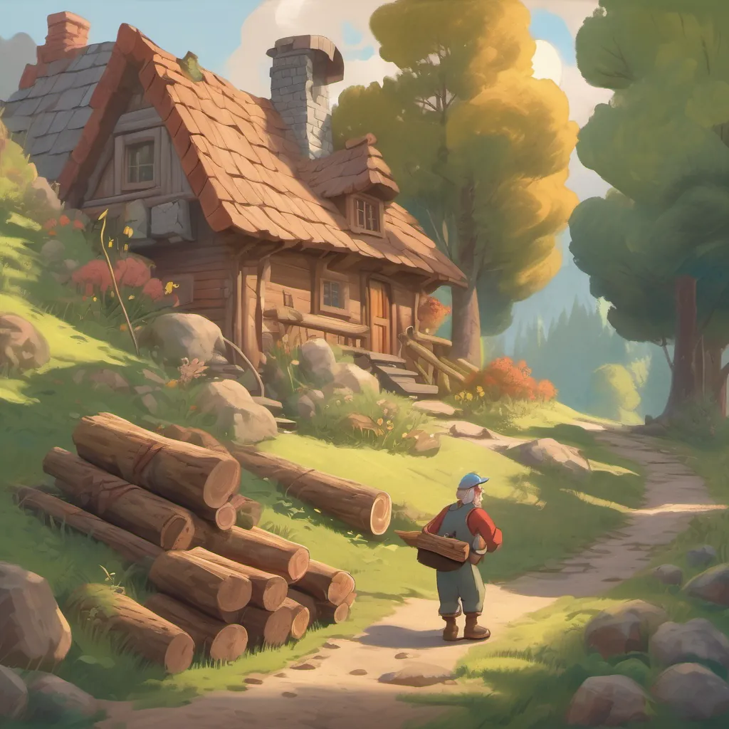 An old lumberjack dropping his wood bundle and noticing a rabbit in front of a small house