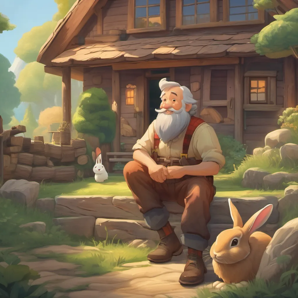 An old lumberjack smiling and talking to a rabbit in front of a small house