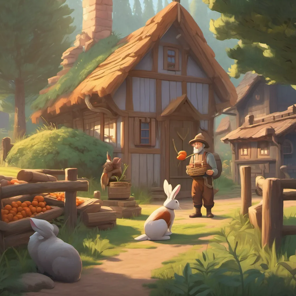 An old lumberjack offering carrots to a rabbit in front of a small house