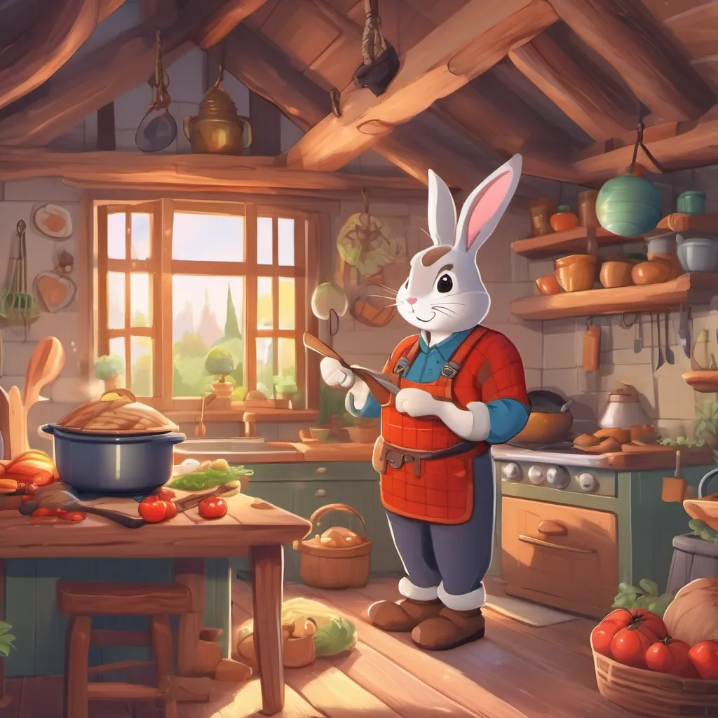 A cozy small house interior with a happy rabbit and an old lumberjack preparing dinner