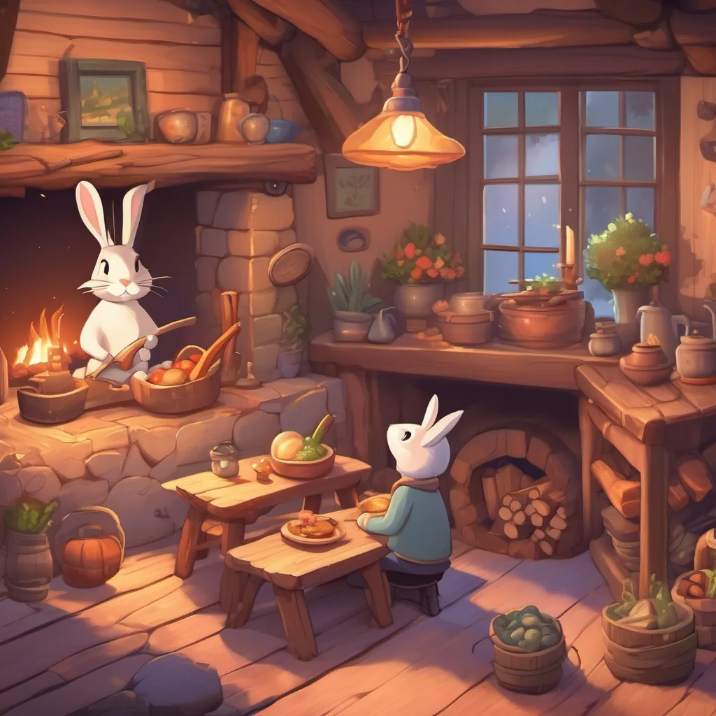 A cozy small house interior with a fireplace making crackling sounds and a rabbit and old lumberjack enjoying dinner