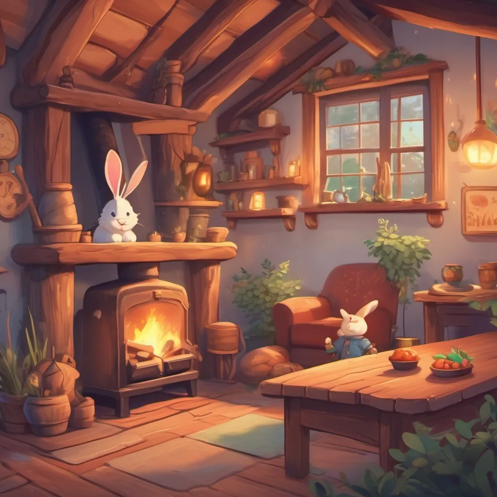 A cozy small house interior with a rabbit and an old lumberjack laughing and telling stories by the fireplace