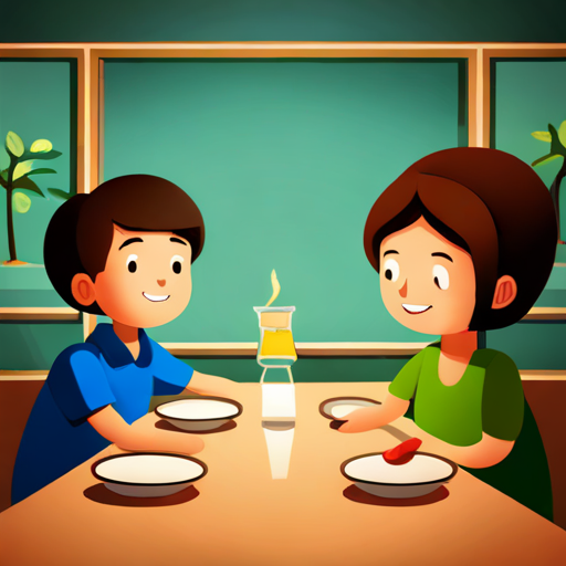 A little boy with brown hair and a big smile and his mother sitting at dinner table