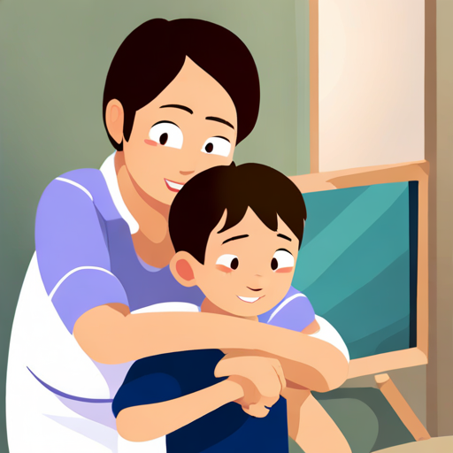 A little boy with brown hair and a big smile's mother hugging him and pointing at a picture