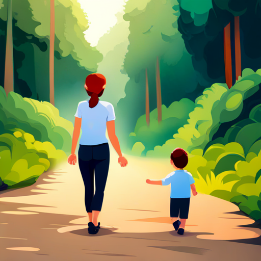 A little boy with brown hair and a big smile and his mother holding hands and smiling