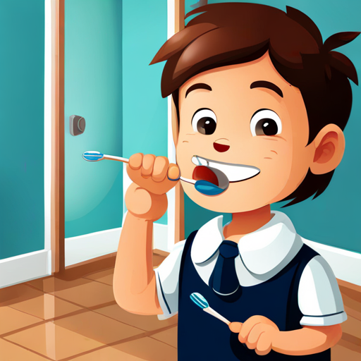 A little boy with brown hair and a big smile brushing his teeth and putting on his school uniform