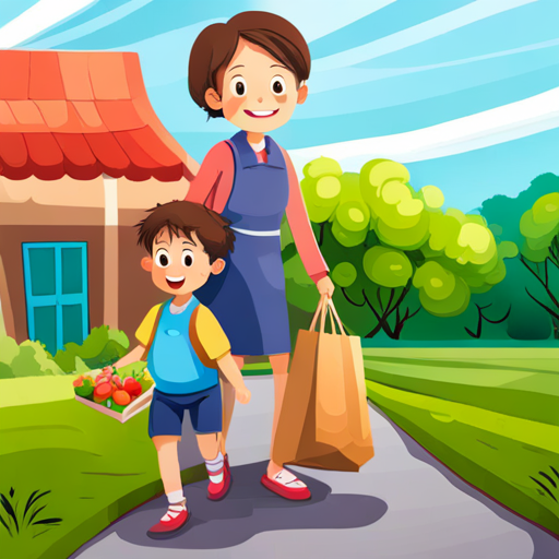 A little boy with brown hair and a big smile helping his mother carry grocery bags