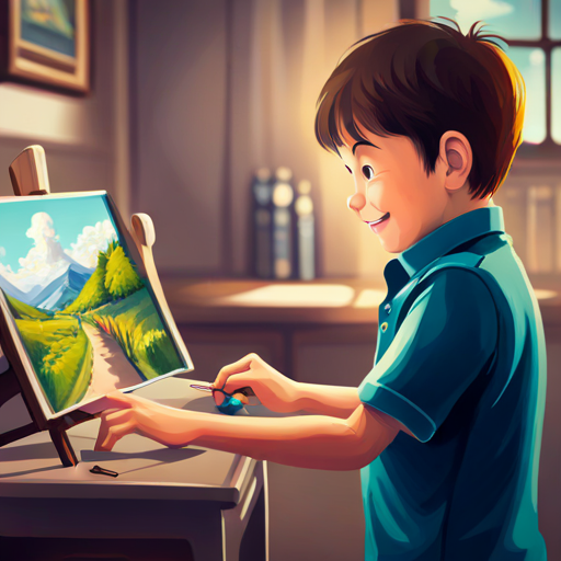 A little boy with brown hair and a big smile looking at a picture of his family and smiling