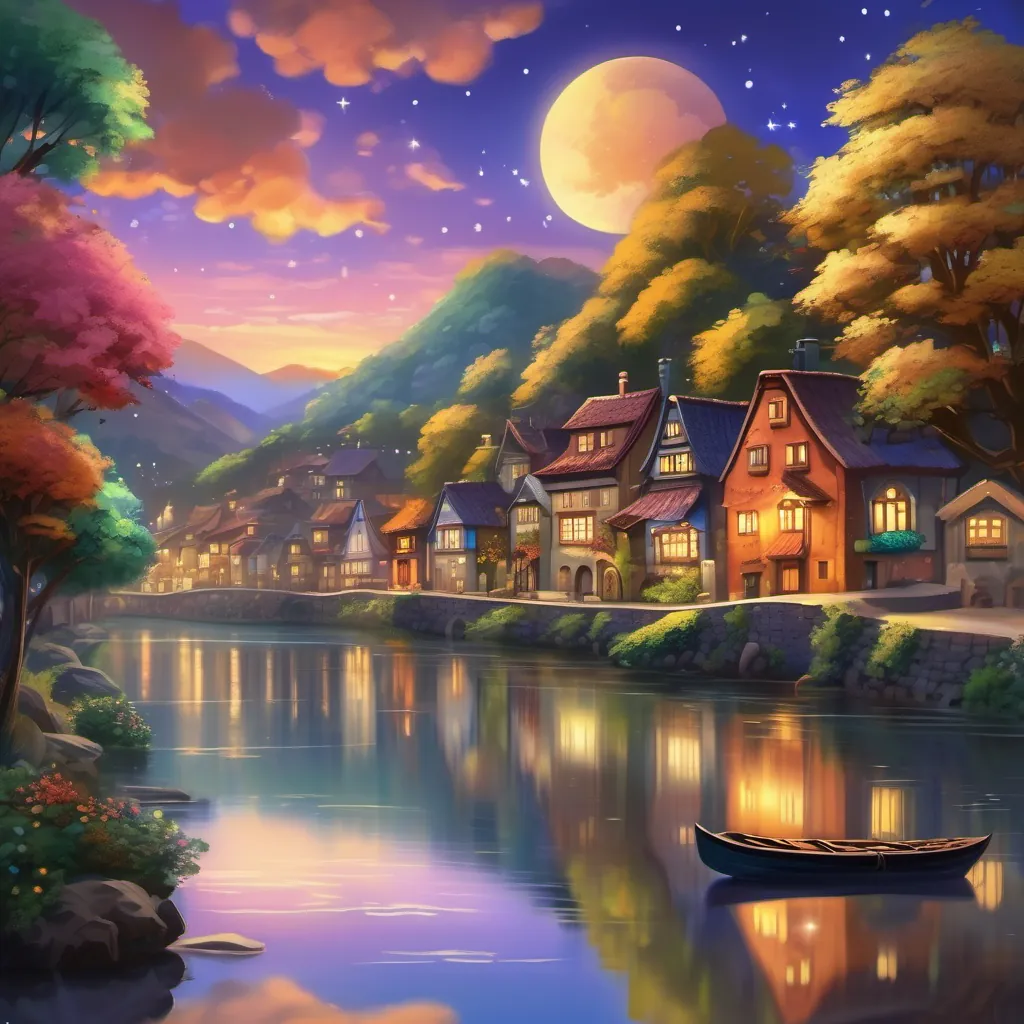 An enchanting, vibrant riverside village under a starlit sky, with twinkling stars and shimmering river reflections.