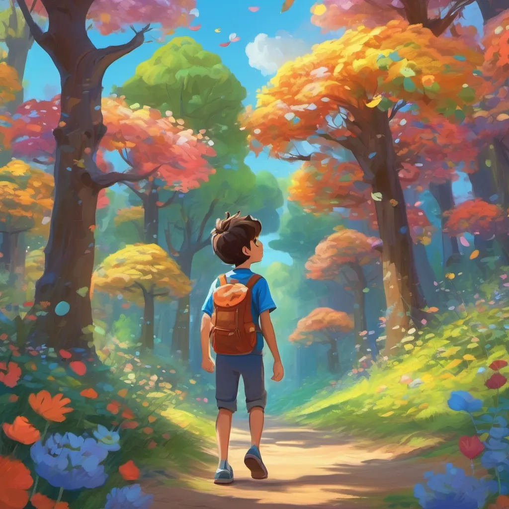 A cheerful boy with a backpack entering a whimsical, colorful forest with dancing flowers and whispering trees under a bright blue sky.