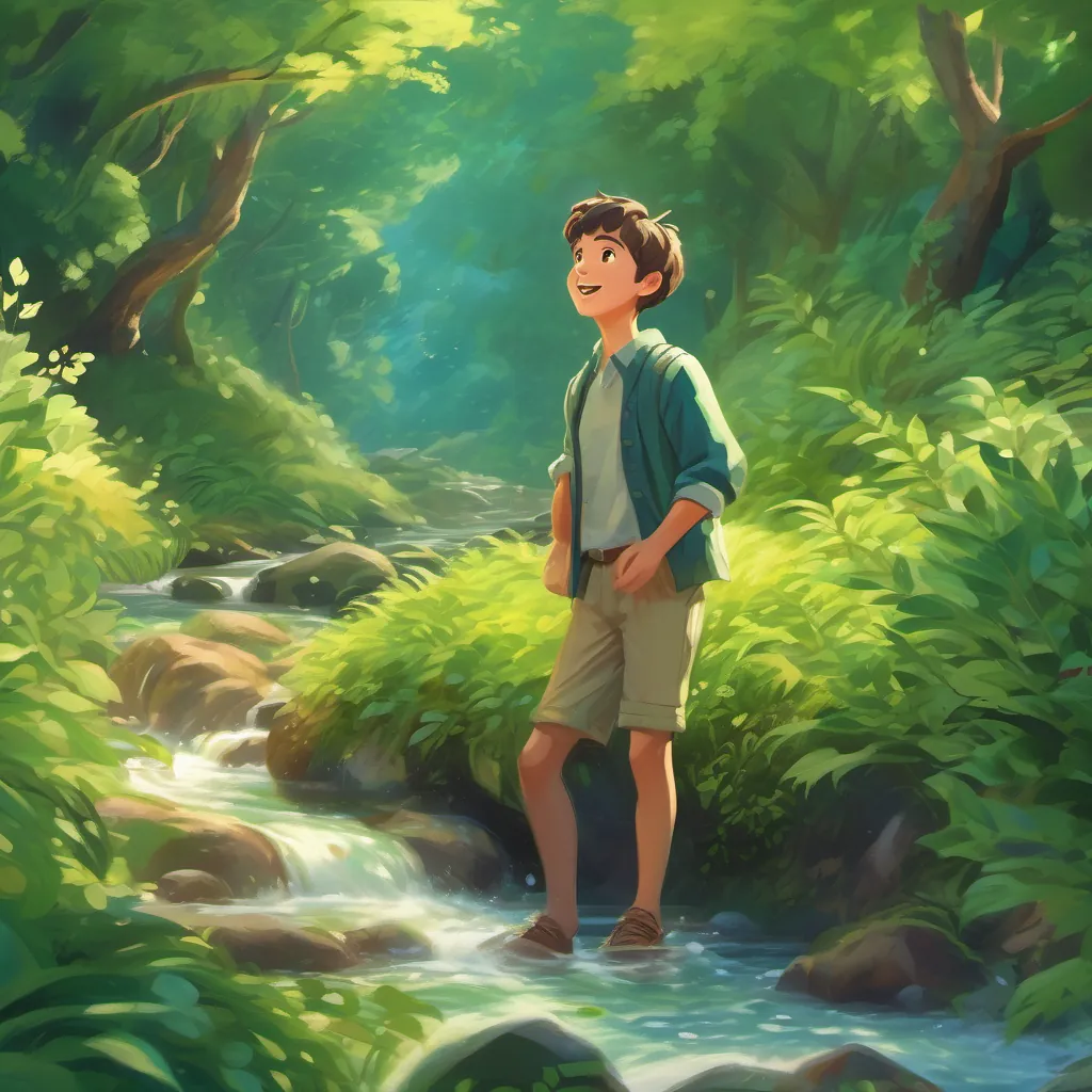 A sparkling, babbling stream surrounded by lush green foliage, with the boy standing on its edge looking excited.