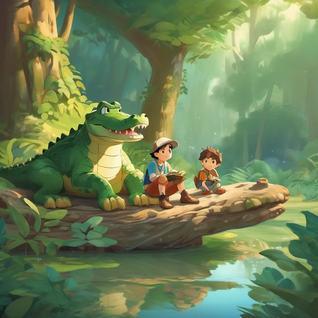 A heartwarming scene of the boy and the crocodile in the whimsical forest looking content and peaceful as they sit together.
