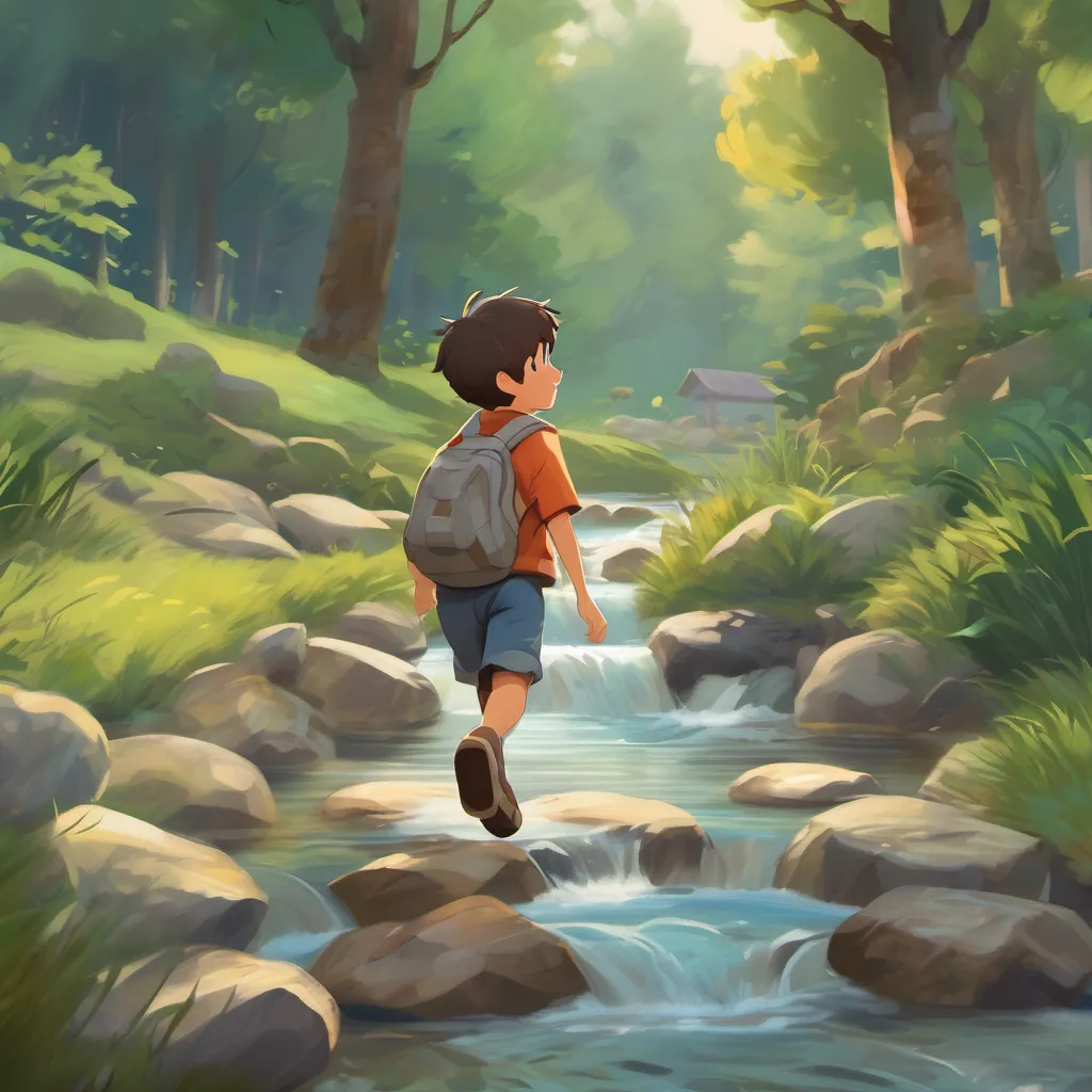 The boy hopping cheerfully across a gentle stream using stepping stones, with an excited look on his face.